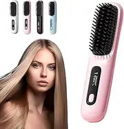 Numoya Portable Straightener Brush - Gobrush Pro, Numoya Go Brush Pro Straightener, Portable Cordless Hot Brush Hair Straightener, Rechargeable Mini Hair Straightener Comb (Pink)