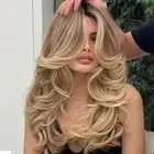 Long Golden Blonde Wavy Layered Wig with Curtain Bangs for White Women Synthe...