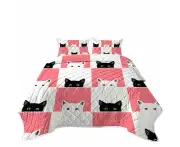 Pink White Panel and Black White Cats Coverlet