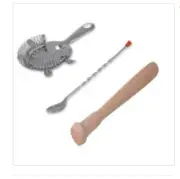 Cocktail Set 3 Piece Hawthorn Strainer / Bar - Muddling Spoon / Wood Muddler