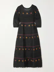 [VITA KIN] VITA KIN - Karina Pintucked Embroidered Linen Midi Dress - Black - small small Black