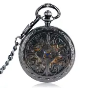 Mens Pocket Watch Mechanical Black Hollow Case Roman Numerals Dial Fob Watches