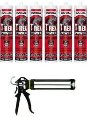 Soudal T-Rex Power Fast Grab Adhesive Sealant Quick Silver 290ml 6 Pack + Gun Ki