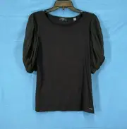 NWT TAHARI Black STRETCH KNIT w/Pleated Chiffon Sleeves PULLOVER Top Blouse Sz M