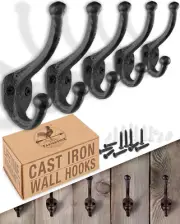 Rustic Cast Iron Coat Hooks (5 Pack) Wall Mounted Farmhouse Decorative Vintage
