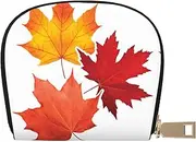 [JEJEA] Fall Leaf Print Credit Card Holder Wallet, Small Card Holder Wallet with Zipper,Leather Card Holder, White, One Size