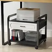 YVYKFZD 2 Tiers Printer Stand, Rolling Under Desk Printer Table, Heavy Duty Printers Shelf with Drawers and Storage Shelf, Small Printers Cart, for Small Spaces(Black+Black,L21.6/55cm)