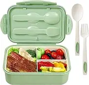 Bento Box for Adults Lunch Containers for Kids 3 Compartment Lunch Box Food Containers Leak Proof Microwave Safe(Flatware Included,Green)