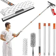 2 in 1 Window Washing Squeegee & Duster with Extension Pole,Home Cleaning Kit for Tall Window Cleaning Tools Scrubber for Car,Shower,Indoor & Outdoor Glass Mirror Door Solar Panel
