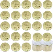 20Pcs Happy Father's Day Cupcake Topper Acrylic Golden Mirror Disc Round Engraved Cake Decoration for Father's Day Birthday Party Supplies