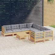 9 Piece Patio Conversation Set: Pinewood Garden Furniture, Small Outdoor Chairs, Balcony Table & Grey Cushions for Porch Lounging