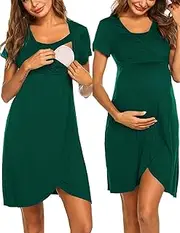 [Ekouaer] Nursing Nightgown 3 In 1 Maternity Nightgown Short Sleeve Nursing Gown Breasfeeding Sleepwear Delivery Dress Deep Green, Deep Green, Medium