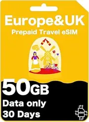 Europe & UK Prepaid eSIM - KPN Network, High-Speed Data for 30 Days, Unlimited Data at 128kbps, Data-Only (50GB (30 Days))