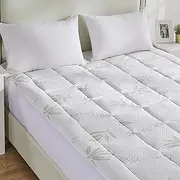 Dreamz Bamboo Pillowtop Mattress Topper Protector, Soft, Queen Size, Hypoallergenic Bamboo Fabric Cover, Cooling Comfort, Deep Fitted Skirt, Machine Washable