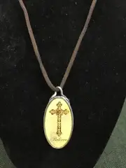 ROMAN INC Believe Silver Tone Cross Pendant Brown Leather Cord 18” Necklace NEW