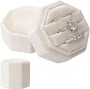 Gvhntk Velvet 3 Slots Jewelry Ring Box Vintage Octagon Ring Display Holder Gift Premium Gorgeous Case with Detachable Lid for Wedding Engagement Proposal Keepsake Ceremony (Beige)