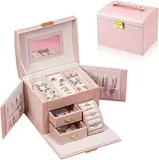 TOJUNE 3 Layer Jewelry Storage Box, Large Capacity Travel Organizer Case Gift with Mirror and Lockable for Her Earrings, Rings, Bracelet, Necklaces for Woman Valentine's, Mother's Day, Wife (Pink)
