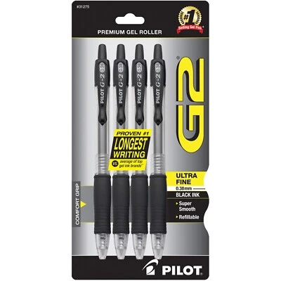 31275 Pilot G2 RT Gel Rollerball Pen, Ultra Fine 0.38mm, Black, Set of 4 Pens