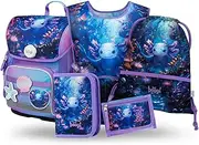 [Baagl] School Bag Boys Girls Set of 5 (Ergo School Bag for 1st Grade, Pencil Case, Gym Bag, Apron, Neck Pouch), Primary School Satchel, Ergonomic School Backpack, 19 L
