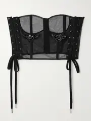 [Simone Rocha] Simone Rocha - Lace-up Crystal-embellished Tulle Bustier Top - Black - UK 14 UK 14 Black