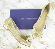 Stuart Weitzman Gold Guipure Lace Bow Pointed Slip On Flats Shoes Size 9N