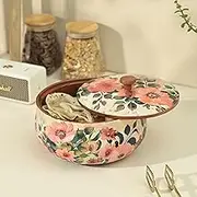 Brick Brown Handcrafted Enamel Coated Wooden Pastel Flora Roti Box | Chapati Box for Kitchen | Hot Pot Casserole for Server Tableware Serving | Case Dabba With Lid (8.5 8.5 5.5 Inch)
