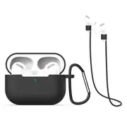 For AirPods Pro 2nd Gen, 3in1 Silicone Protective Case, Snap Hook & Anti-Lost Neck Strap, Black