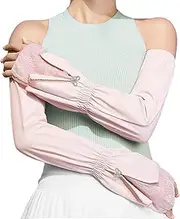 [RainFlowwer] Pink Sun protection Arm Sleeves with Lace Patchwork Cuffs, Elastic Arm Sleeves Long Women for Sports Outdoor with Rhinestone bow decoration, Pink