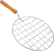 YARNOW Outdoor BBQ Tools Round Stainless Steel Grill Net Wooden Handle Barbecue Rack Multi-Functional Barbecue Mesh
