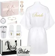 [Berlune] 14 Pcs Bride Gifts Box Sets Include Short Satin Robes Canvas Tote Bag Stainless Steel Glasses Slippers Wedding Gifts