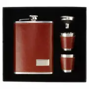 Leather Stainless Steel Hip Flask With 2 Shot Glasses + Funnel, 8 Oz (230 Ml)