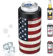 Maxso Slim Can Cooler, 4-in-1 Double Walled Stainless Steel Insulated Beer Can Holder, Works With All 12 Oz Cans,Bottles & As A Pint Cups | America Flag