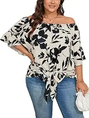 [SHESTARR] Womens Plus Size Off The Shoulder Blouse Tops Half Sleeves Tie Front Sexy Flowy Top