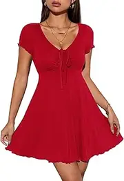 [Generic] Women's Summer T-Shirt Dress V Neck Short Sleeve Drawstring Front Ruched A Line Mini Dresses