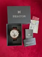 Heritor Automatic Wilhelm Semi-Skeleton Leather Watch w/Day/Date-Brown/Rose Gold
