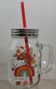 Hello Kitty Fall Mason Jar with Handle, Lid & Straw Glass 21 oz NEW Sanrio
