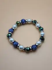 GENUINE Sodalite & Faceted Glass Bead Bracelet & Earring Set Blue Green & Silver