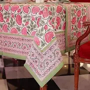 Labhanshi Indian Handblock Print Pre-Washed Cotton Floral Table Cloth|Reusable Rectangle 72x108 Inch 8-Seater Dining Tablecloth|Thanksgiving Festive Holiday Decorative Table Cover|Green Pink Lotus