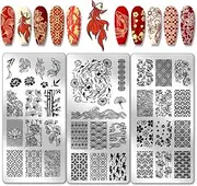 PH PandaHall Koi Nail Stamping Plates, East Lotus Nail Stamper Plum Bossom Nail Art Stencils Print Nail Stencils Stainless Steel Nail Picture Plate for Nail Art Design Manicure Salon Pack of 3