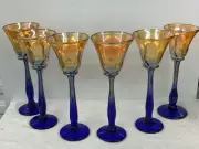RICK STRINI GLASS, GOLD LUSTER, COBALT BLUE WINE-WATER TALL GOBLETS -- 6