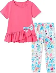 [SOLOYEE] Toddler Girl Clothes 2-7T Girls Outfit, Short Sleeve Ruffle Bowknot Top + Floral Capri Pants 2Pcs Spring Summer Set, Peach Pink, 6-7 Years