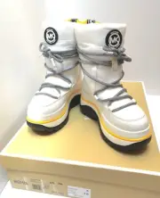 MICHAEL KORS ZADIE MIXED-MEDIA MOON BOOTIE W LOGO TAPE AND MEDALLION IN WHITE 7M