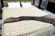 Elegant Indian Kantha Quilt Block Print Handmade Bedspread Blanket King Size