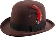 [Michear] Hard Felt Bowler Hat Wool Bowler Hat with Feather Satin Lined for Man Woman