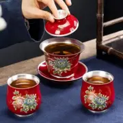 Silver Kung Fu Tea Set Covered Bowl Enamelled Silver Covered Bowl