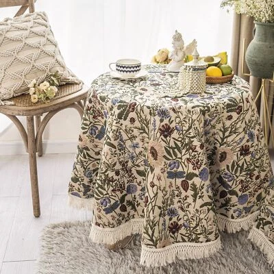 French Floral Tablecloth Hand-Made Cotton Fabric with Lace Vintage Berry Gard...