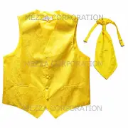 New Men's Paisley Tuxedo Vest Ascot Cravat prom party Yellow wedding formal