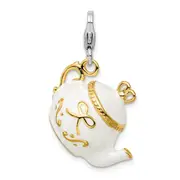 Sterling Silver Amore La Vita Rhodium-Plated And Gold-Plated Polished 3-D White Enameled Tea Pot Charm With Fancy Lobster Clasp