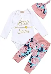 [Emmababy] Baby Girls' Romper Jumpsuit+ Floral Cotton Long Pants +Hat Outfit 0~6Months White