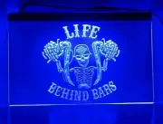 Motorcycle LED Neon Light Sign "Life Behind Bars" Skeleton Rider on Bike Novelty